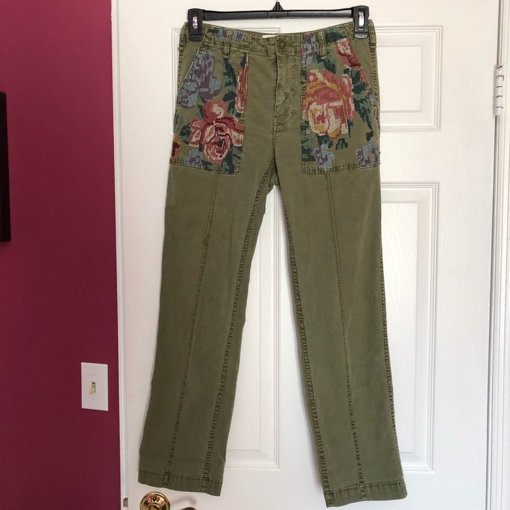 Anthropologie Army Green Pants with Embroidery